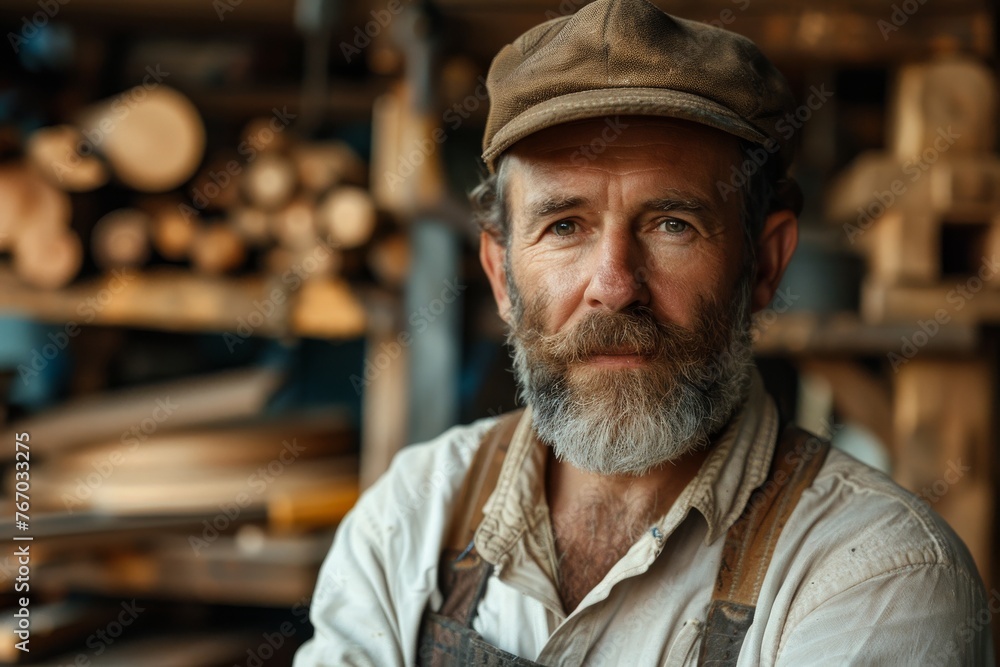 Confident mature carpenter with a beard in workshop full of wood