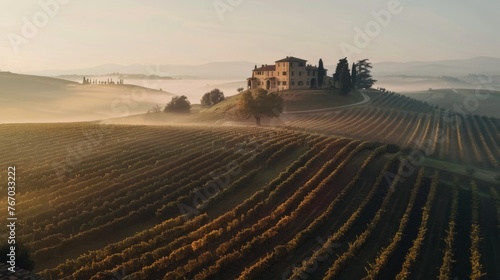 old farmhouse on top of a hill in Italy, vineyards surround the house on the hill, early morning fog hangs over the vineyards