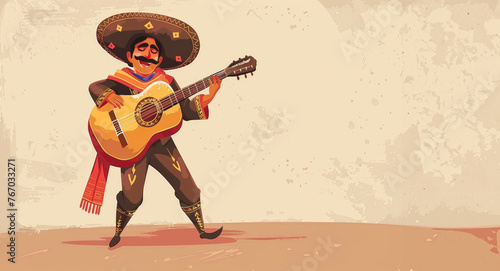 Illustration Of a Mariachi Man Playing a Guitar, Wallpaper for Cinco de Mayo Celebration With Copy Space