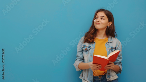 An imaginative Latino teenage girl is holding a red book and looking up on a plain blue background with copy-space for text.