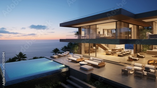 Cliff-hugging oceanfront villa with floor-to-ceiling glass walls and seamless indoor outdoor living areas.