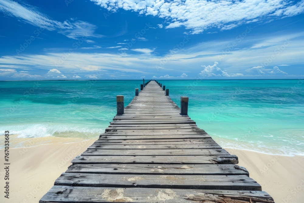 Obraz premium Wooden pier leading to the ocean with a white sand beach and turquoise water, tropical island background, copy space for text in a wide format in the style of tropical island background.