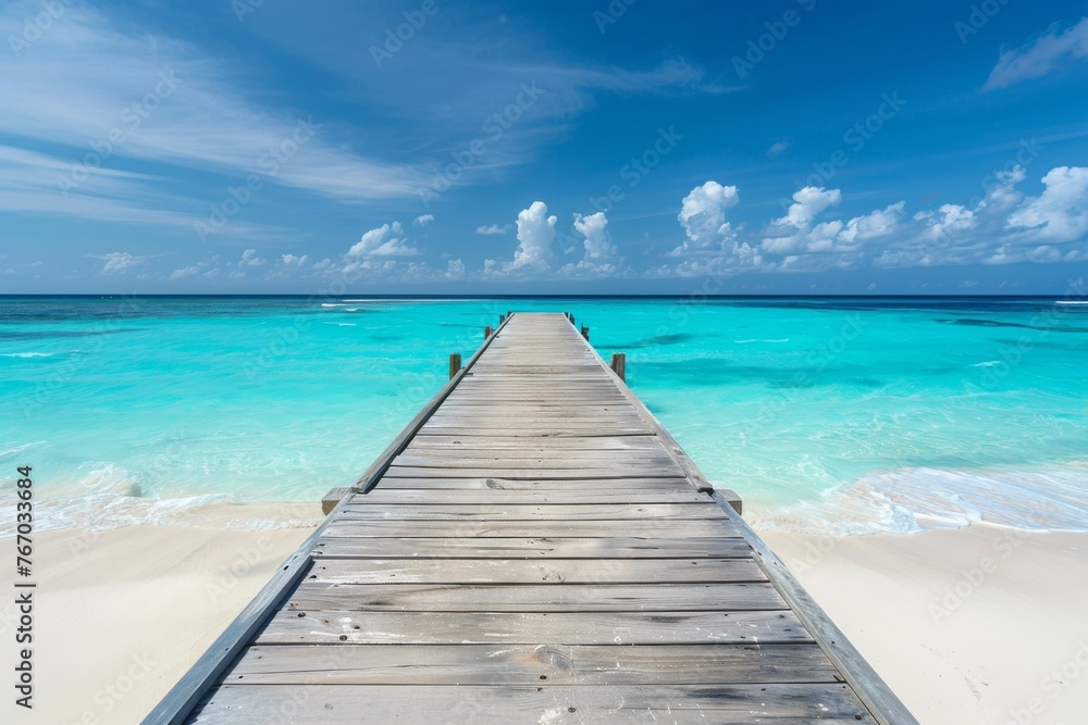 Wooden pier leading to the ocean with a white sand beach and turquoise water, tropical island background, copy space for text in a wide format in the style of tropical island background. 