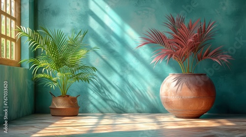  Two potted plants resting side by side atop a wooden plank beside a window