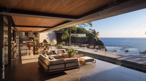 Cliff-hugging oceanfront villa with floor-to-ceiling glass walls and seamless indoor/outdoor living areas. © Aeman