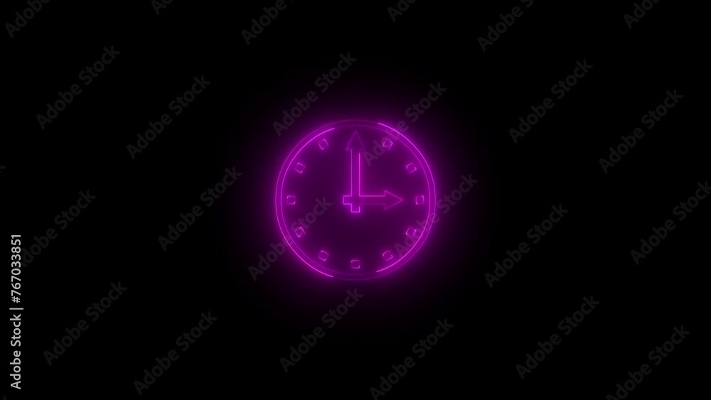 Neon glowing pink color three o'clock icon animation black background Neon glowing pink color three o'clock icon animation black background