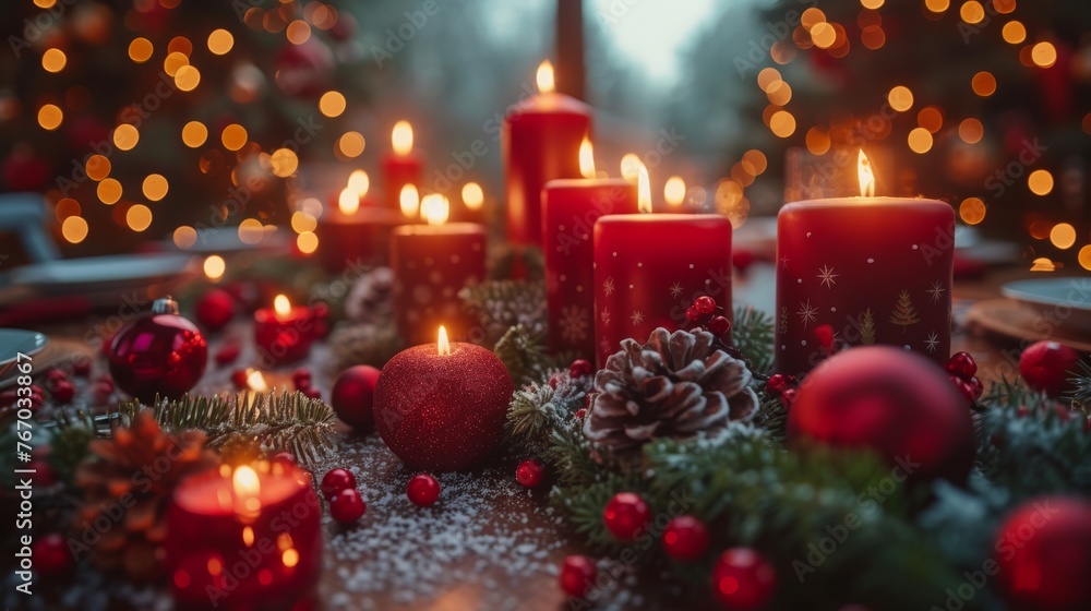 A close-up of a table with candles and Christmas decorations in front of a Christmas tree with lights in the background A close-up of a table with candles and Christmas decorations in front of a Christmas tree with lights in the background