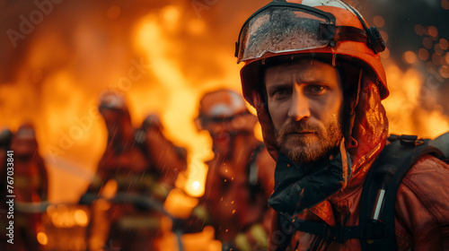 Portrait of Brave Firefighters in Action Battling a Massive Blaze in Protective Gear