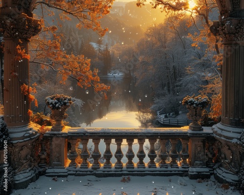 Balcony under frosts spell overlooking a serene photo