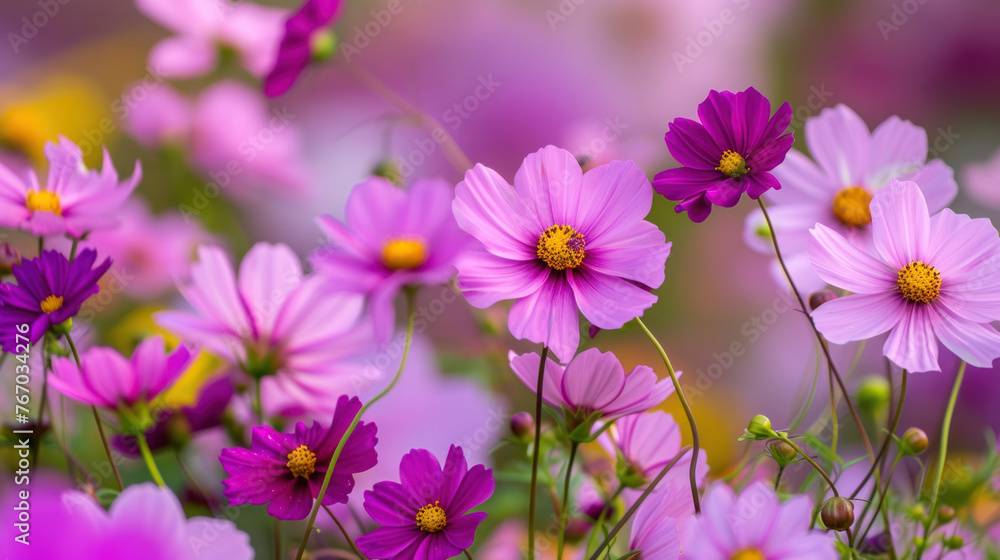 A field filled with purple flowers, each sporting bright yellow centers, creating a striking contrast of colors A field filled with purple flowers, each sporting bright yellow centers, creating a striking contrast of colors