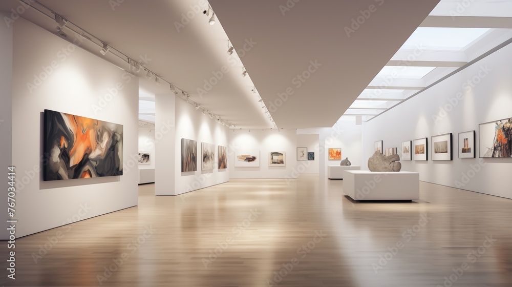 Contemporary art gallery with stark white walls and dramatic track lighting.
