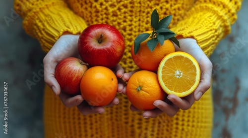   A person holding oranges  apples  and an apple with leaves  in front of a yellow sweater