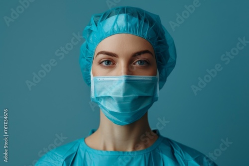 Close-up portrait of a female surgeon in blue surgical scrubs and mask
