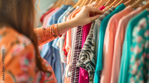 Engaged in spring cleaning, the woman sorts through her clothes, organizing and decluttering her closet.