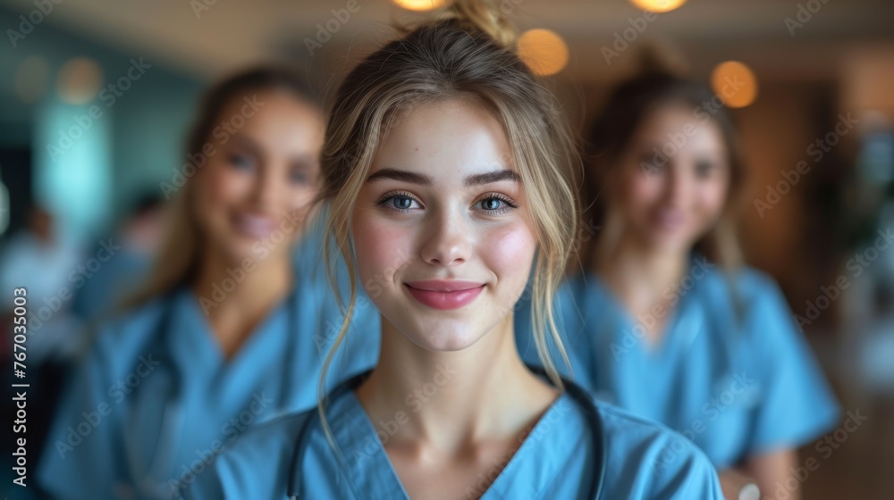 Young women in scrubs stand together in front of lit room Young women in scrubs stand together in front of lit room