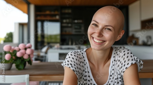 A woman with a bald head is seated at a table The concept of fighting cancer. photo