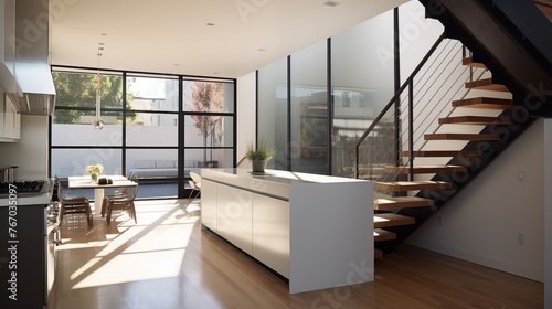 Contemporary chic city townhouse with floating steel and wood staircase sleek minimalist interiors and rooftop deck. © Aeman