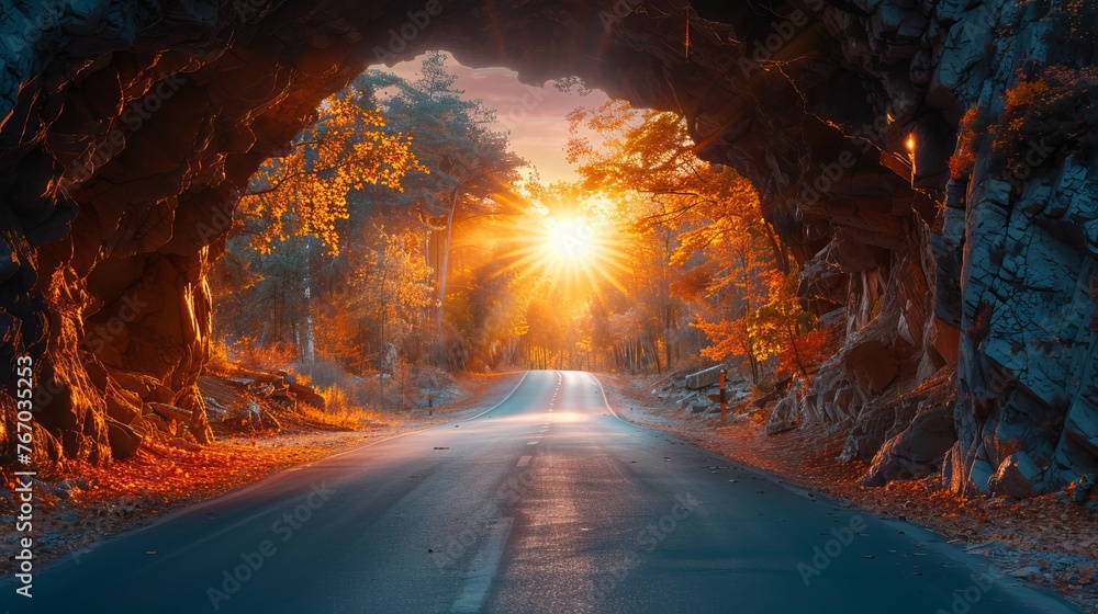 A stunning sunset adorns a picturesque street within a rocky tunnel. - obrazy, fototapety, plakaty 
