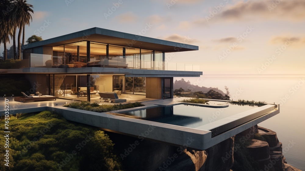 Fototapeta premium Contemporary cliffside retreat with sweeping concrete and glass pavilions cantilevered heated pool deck and unobstructed vistas.
