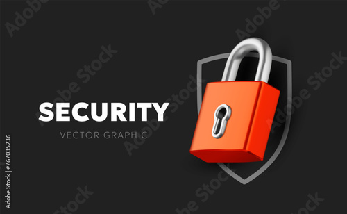 Vector illustration of red color padlock and security shield with word security on black background. 3d style template design of metallic shine padlock and line shield