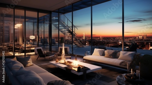 Contemporary glass and steel penthouse apartment overlooking the city skyline.