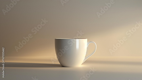 Here is a simple and clean product render of a white coffee mug on a beige background.