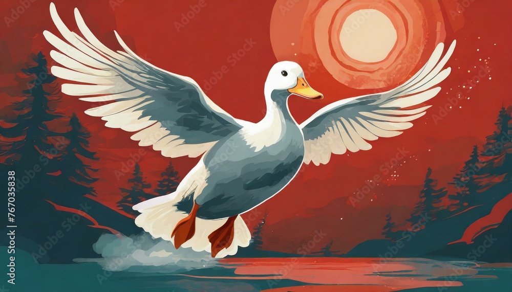 Obraz premium White duck flying in Red sky 