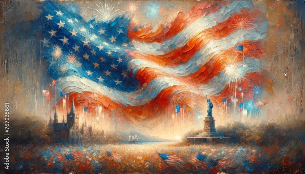 Abstract American Flag and Fireworks Painting. A stirring abstract painting capturing the American flag and celebratory fireworks in a swirl of colors. - obrazy, fototapety, plakaty 
