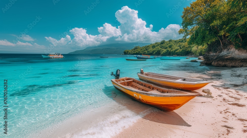 Two boats rest on a beach beside a water body with a boat floating Two boats rest on a beach beside a water body with a boat floating