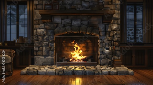 A cozy living room with a fireplace. The fireplace is made of rough-cut stones and has a crackling fire burning inside.