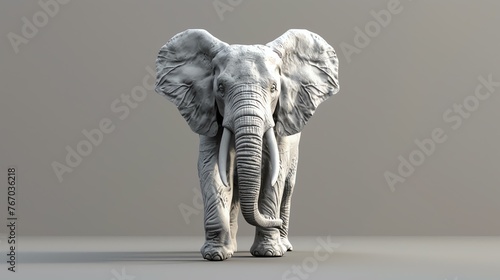 A majestic elephant stands tall, its wrinkled skin draped over its massive frame. Its trunk is curled upwards, and its tusks gleam in the soft light. © Design