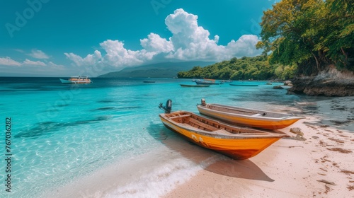  Two boats rest on a beach beside a water body with a boat floating