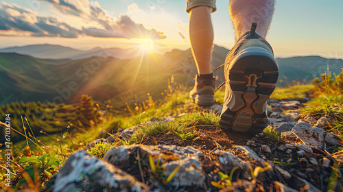 Close-up of legs of a traveler in hiking boots walking in the mountains with the beautiful view of the sunrise