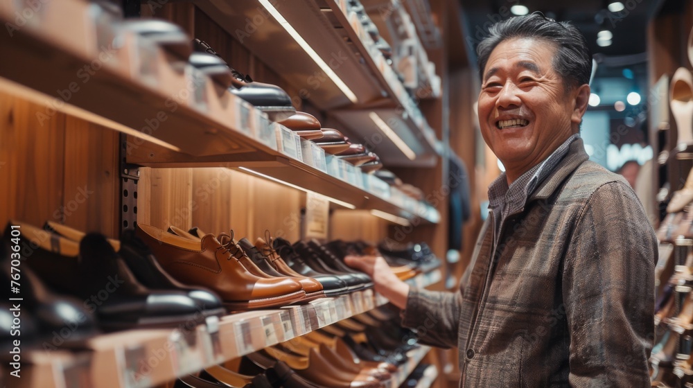 Customer is choosing shoes in the footwear store Customer is choosing shoes in the footwear store