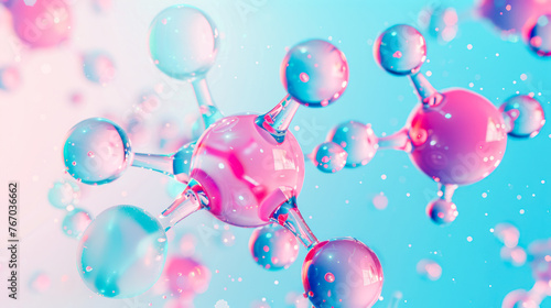 molecules on pink blue background. Abstract molecule model. Scientific research in molecular chemistry. Collagen Skin Serum, hyaluronic acid, peptides cosmetics skin care cosmetics solution, perfume photo