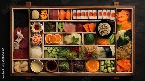 Wooden bento box with many ingredients for lunch, breakfast, top view