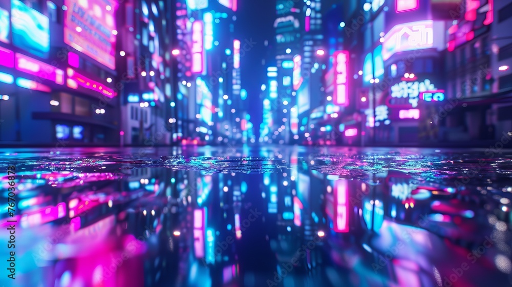 Abstract 3D rendering of a neon mega city with light reflections from puddles on the street, emphasizing the concept of nightlife and bustling business districts with a cyberpunk theme.