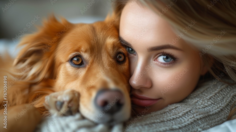 A close-up photo of a woman tenderly embracing a dog's snout, draped in a scarf around its neck, while gazing directly into the lens A close-up photo of a woman tenderly embracing a dog's snout, draped in a scarf around its neck, while gazing directly into the lens