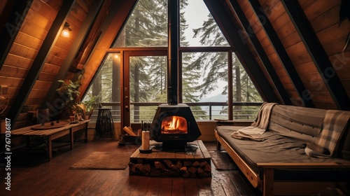 Cozy A-frame cabin hidden in woods with wood stove vaulted wood ceilings and outdoor fire pit.
