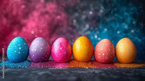  A row of colorful Easter eggs sits atop a pink-blue tablecloth beside a red-blue background