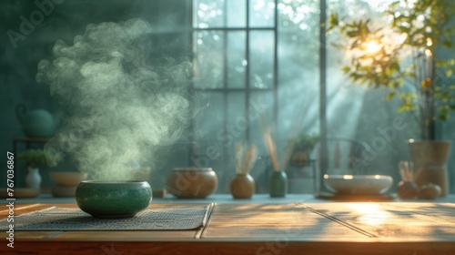  A green bowl sits atop a wooden table, surrounded by potted plants In the foreground, you see more potted plants arranged in front of a window