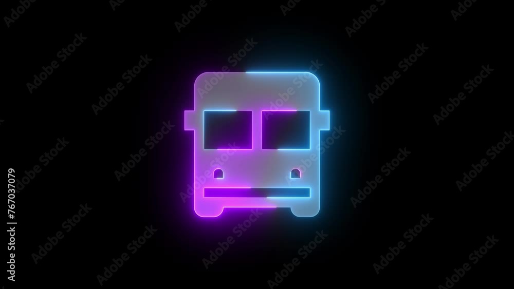 Neon bus symbol cyan purple color glowing animation black background Neon bus symbol cyan purple color glowing animation black background