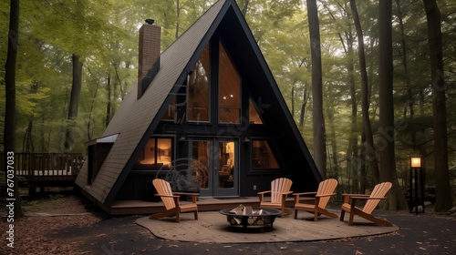 Cozy A-frame cabin hidden in woods with wood stove vaulted wood ceilings and outdoor fire pit.
