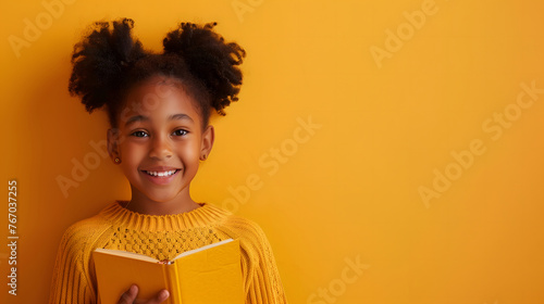 A happy and smiling black girl is holding a yellow book on a plain yellow background with copy-space for text. photo