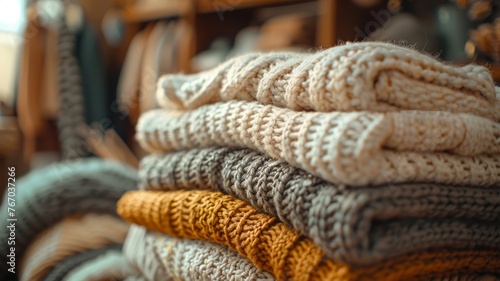 Knitted sweaters on shelves in a cozy shop setting perfect for winter