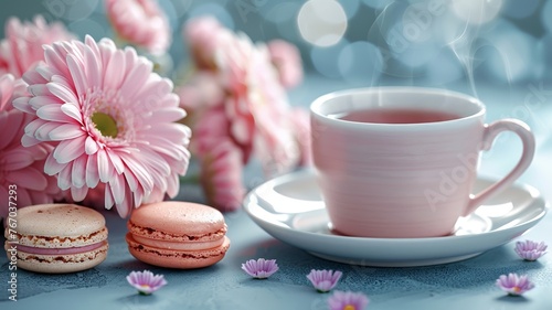 Serene tea time with a pink cup, macarons, and fresh flowers on table
