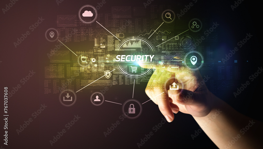 Hand touching cybersecurity button Hand touching cybersecurity button