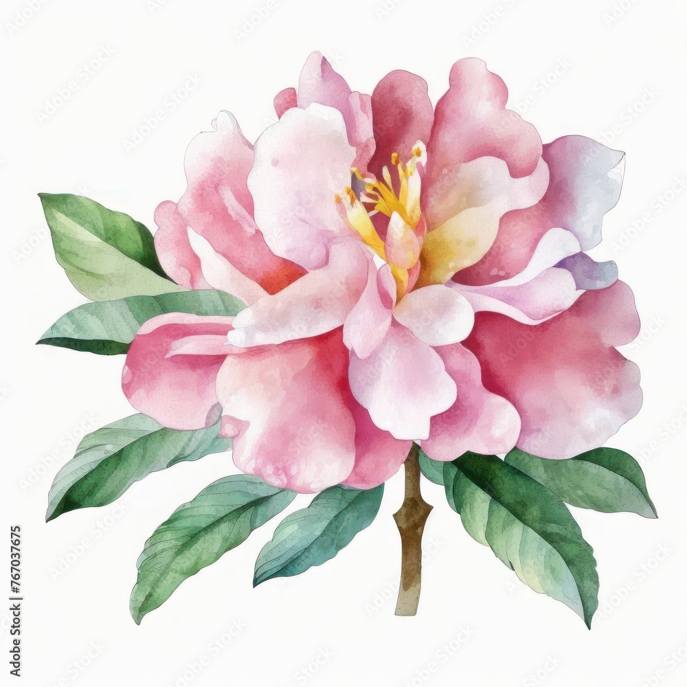 Pink peony flower and leaves. Watercolor illustration on white background.Generative AI. Pink peony flower and leaves. Watercolor illustration on white background.Generative AI.