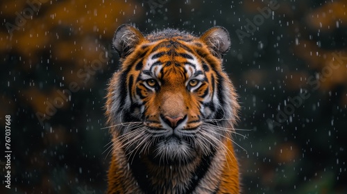   A tiger s face in sharp focus  with droplets of water glistening on its features against a fuzzy backdrop
