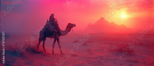 a man riding a camel in the desert at sunset